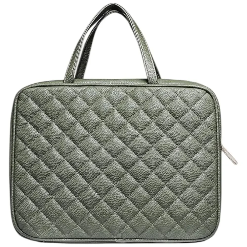 Ms Lovely quilted olive green satin lined toiletry travel bag rose gold zip NWT